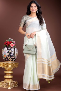 Light Green Cotton Ready To Wear Saree