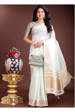 Light Green Cotton Ready To Wear Saree