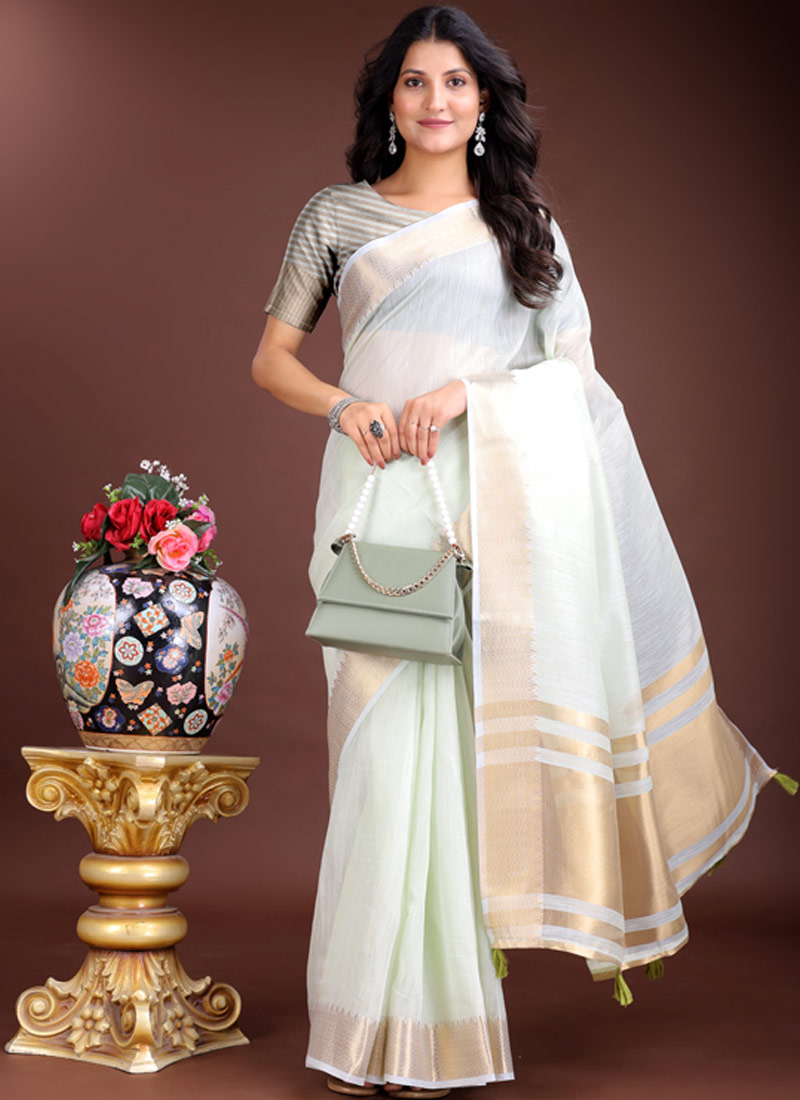 Light Green Cotton Ready To Wear Saree Light Green Cotton Ready To Wear Saree
