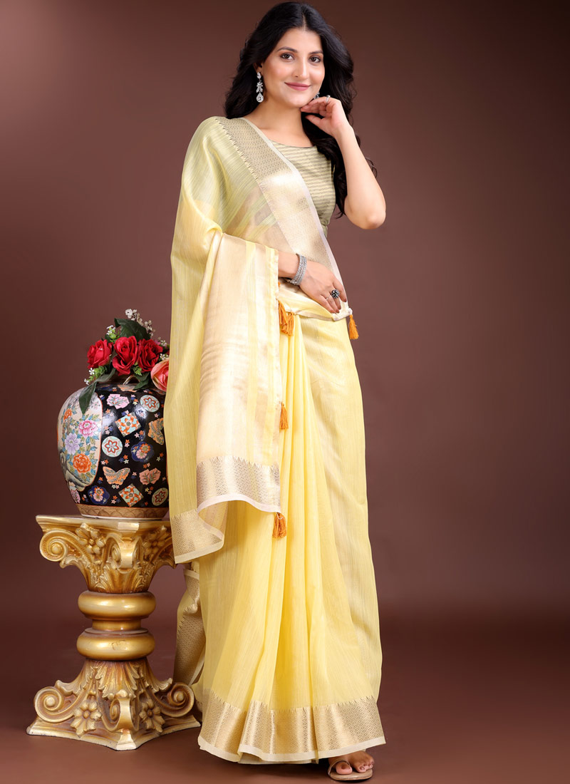 Yellow Cotton Ready To Wear Saree Yellow Cotton Ready To Wear Saree