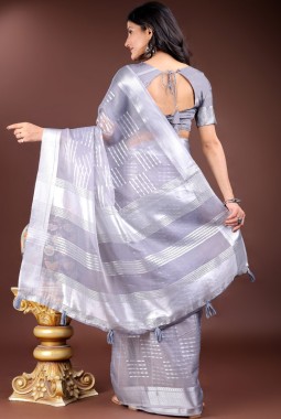 Grey Organza Festive Wear Saree