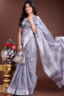Grey Organza Festive Wear Saree