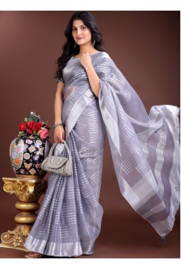 Grey Organza Festive Wear Saree