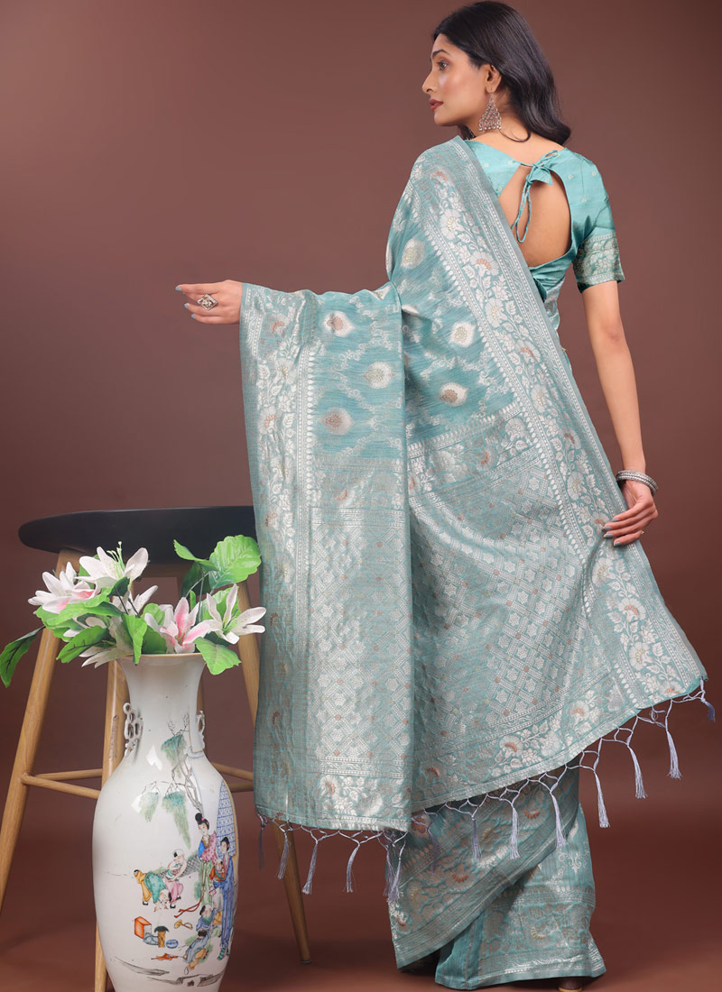 Sea Green Linen Cotton Designer Saree Sea Green Linen Cotton Designer Saree