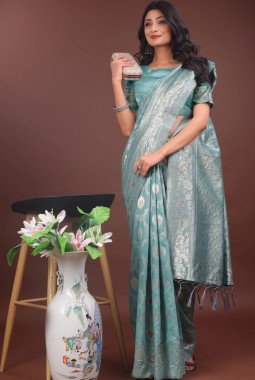 Sea Green Linen Cotton Designer Saree