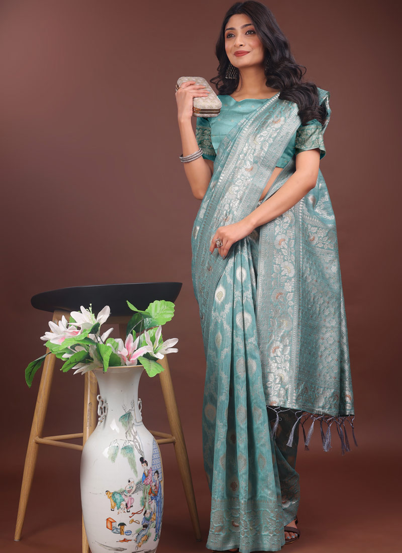 Sea Green Linen Cotton Designer Saree Sea Green Linen Cotton Designer Saree