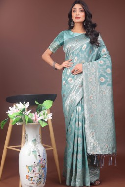 Sea Green Linen Cotton Designer Saree