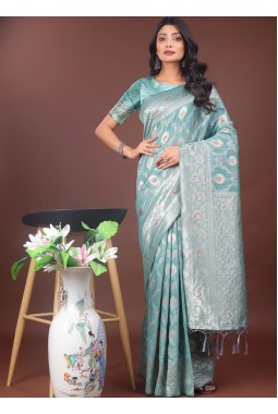 Sea Green Linen Cotton Designer Saree