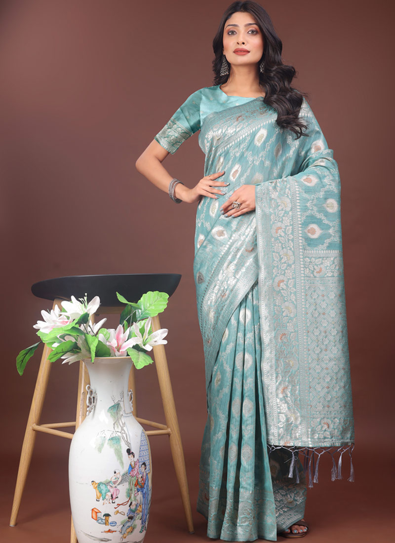 Sea Green Linen Cotton Designer Saree Sea Green Linen Cotton Designer Saree