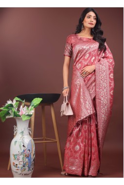 Peach Linen Cotton Designer Saree