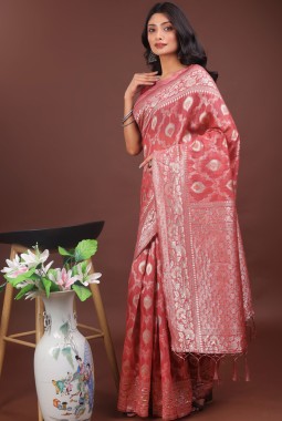 Peach Linen Cotton Designer Saree
