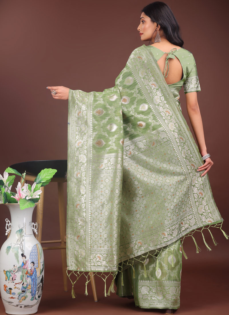 Light Green Linen Cotton Designer Saree Light Green Linen Cotton Designer Saree