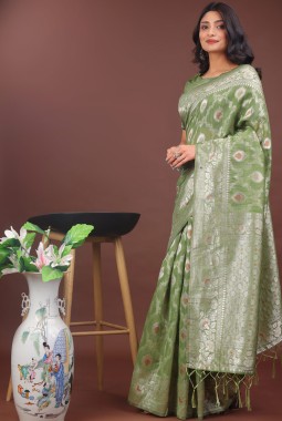 Light Green Linen Cotton Designer Saree