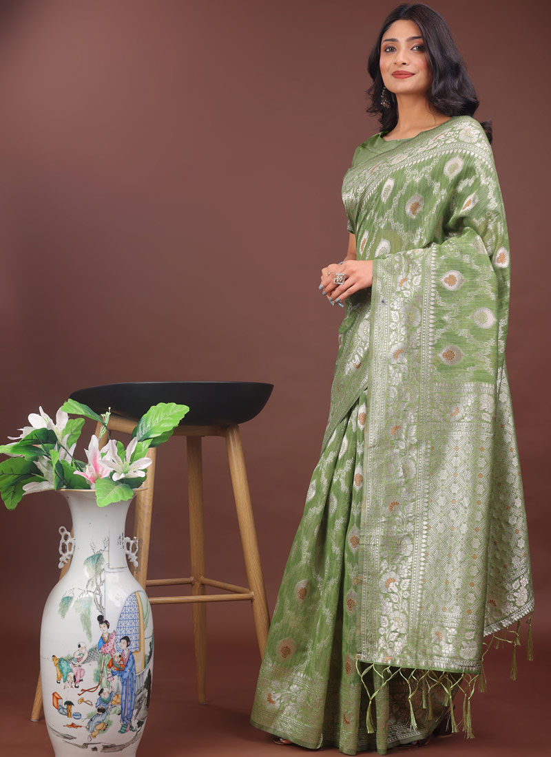 Light Green Linen Cotton Designer Saree Light Green Linen Cotton Designer Saree