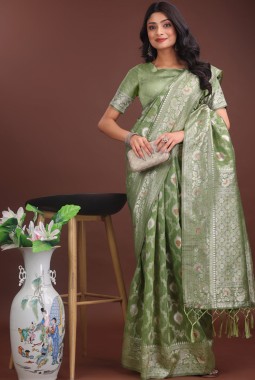 Light Green Linen Cotton Designer Saree
