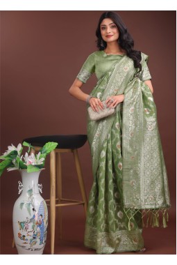 Light Green Linen Cotton Designer Saree