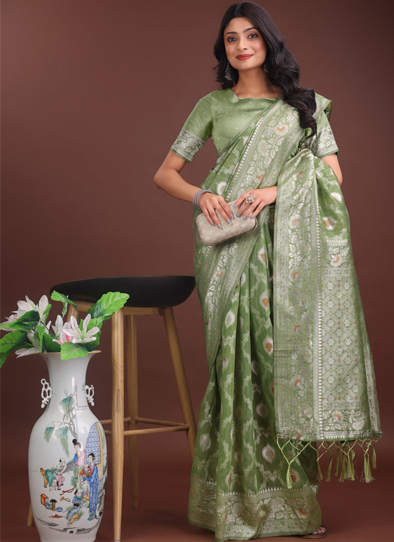 Light Green Linen Cotton Designer Saree Light Green Linen Cotton Designer Saree
