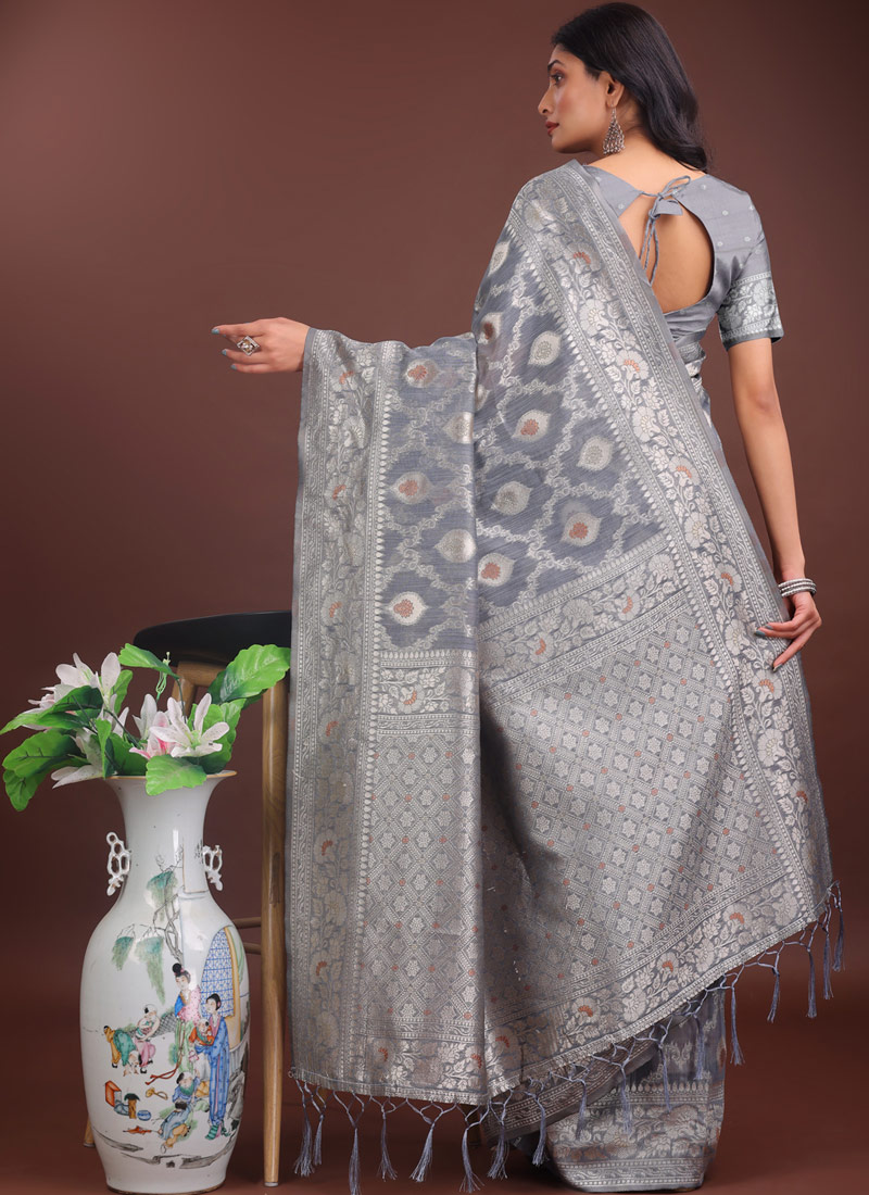 Grey Linen Cotton Designer Saree Grey Linen Cotton Designer Saree