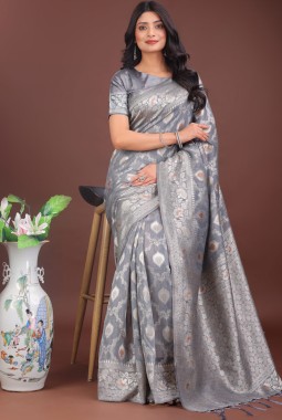 Grey Linen Cotton Designer Saree