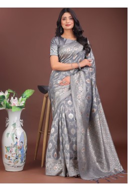 Grey Linen Cotton Designer Saree