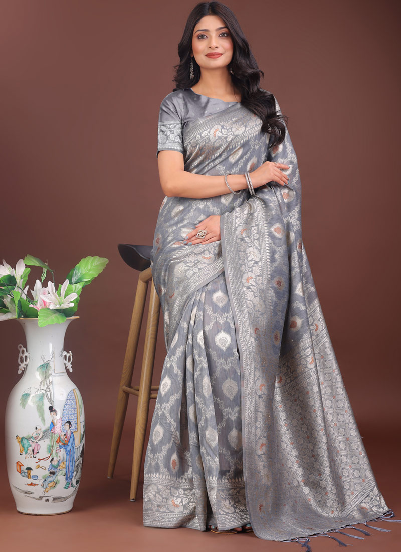 Grey Linen Cotton Designer Saree Grey Linen Cotton Designer Saree