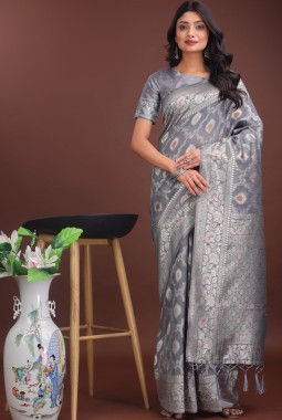 Grey Linen Cotton Designer Saree