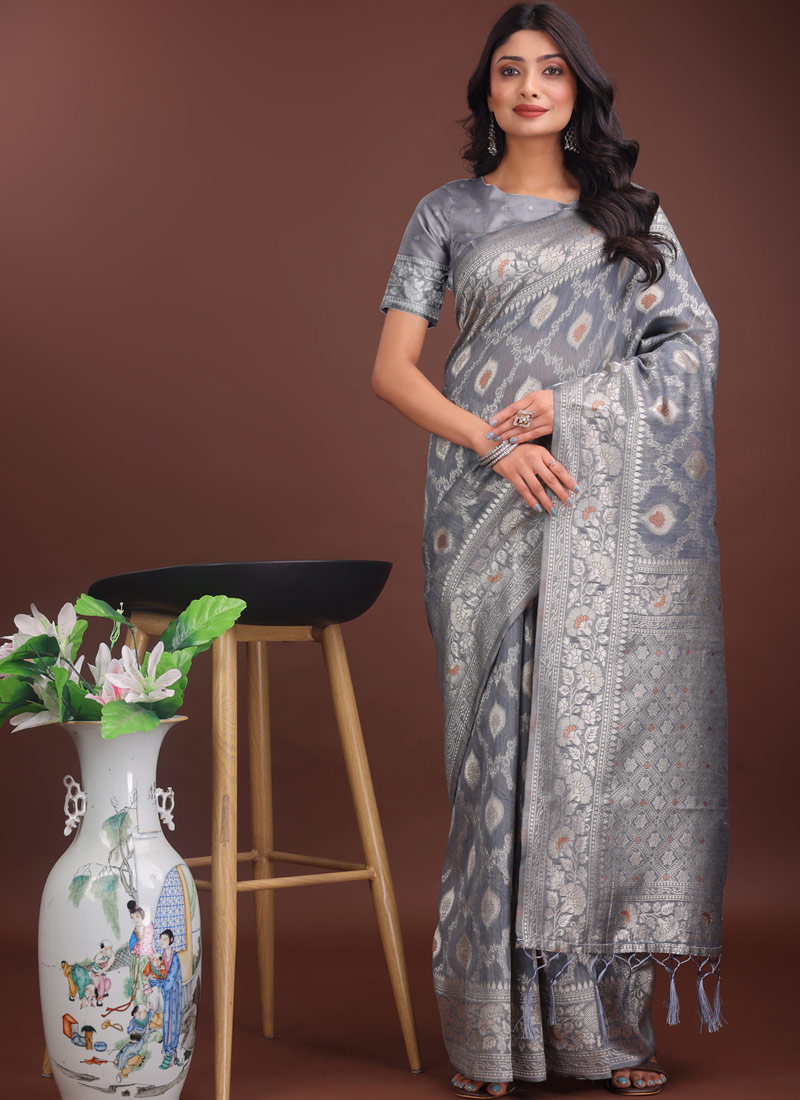 Grey Linen Cotton Designer Saree Grey Linen Cotton Designer Saree