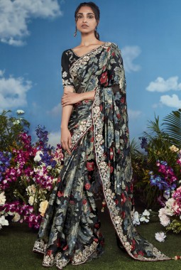 Black Brasso Heavy Embroidered Festival Wear Saree