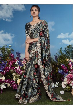 Black Brasso Heavy Embroidered Festival Wear Saree