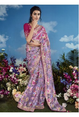 Pink Brasso Multi Color Flower Pattern Festival Wear Saree