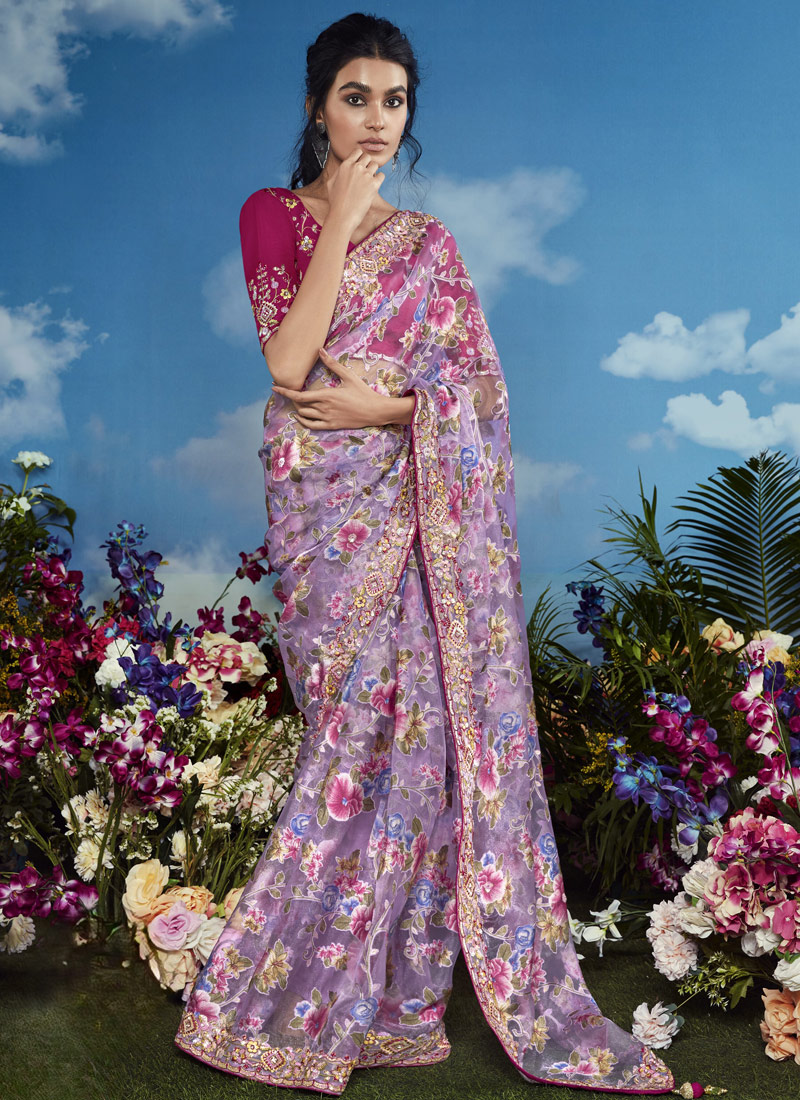 Pink Brasso Multi Color Flower Pattern Festival Wear Saree