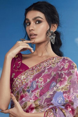 Pink Brasso Multi Color Flower Pattern Festival Wear Saree