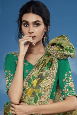 Green Brasso Heavy Embroidered Festival Wear Saree