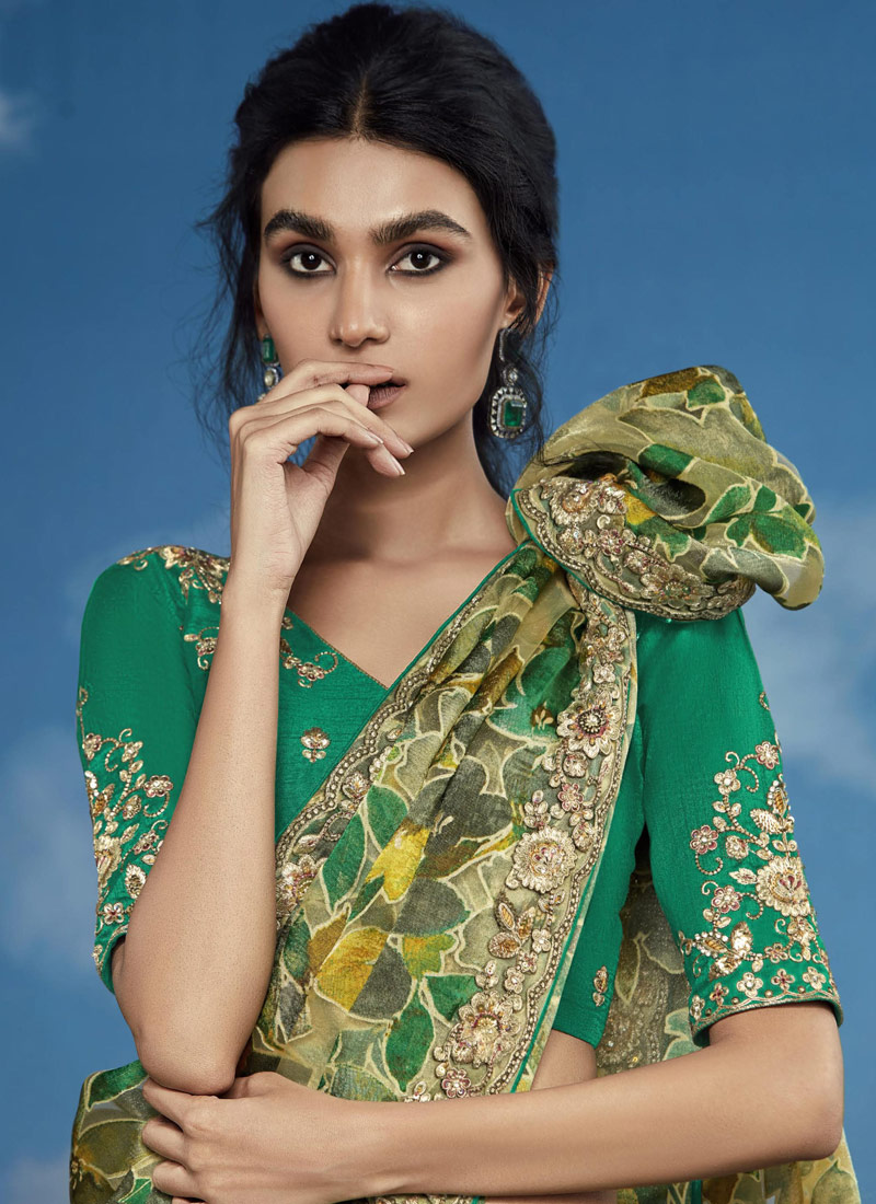 Green Brasso Heavy Embroidered Festival Wear Saree