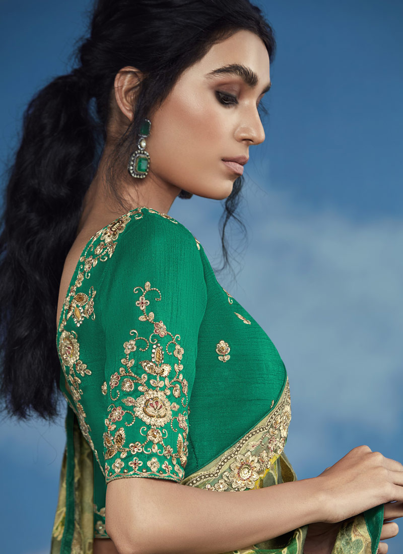 Green Brasso Heavy Embroidered Festival Wear Saree