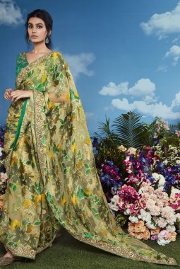 Green Brasso Heavy Embroidered Festival Wear Saree