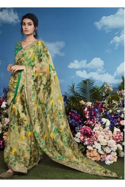 Green Brasso Heavy Embroidered Festival Wear Saree