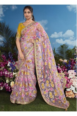 Mustard Brasso Embroidered Festival Wear Saree