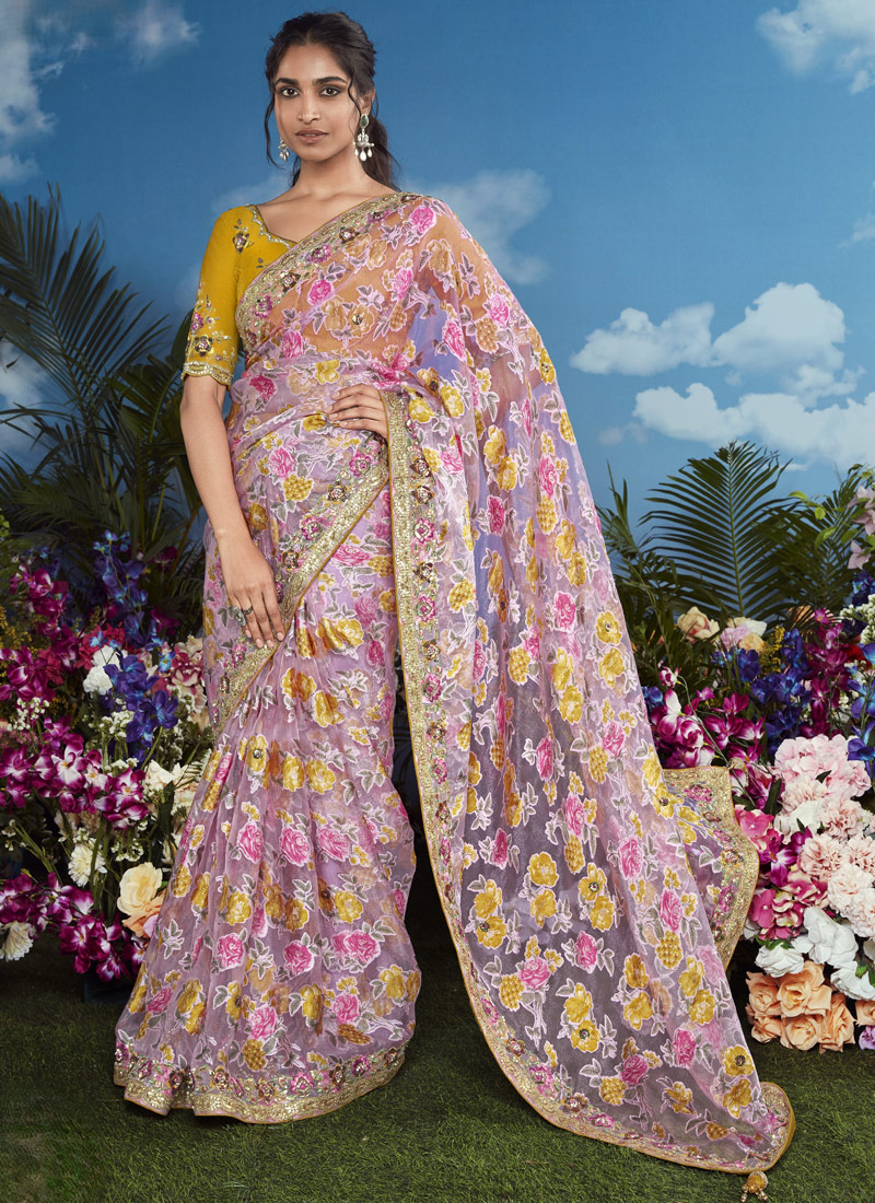 Mustard Brasso Embroidered Festival Wear Saree