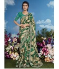 Sea Green Brasso Multi Color Flower Pattern Festival Wear Saree