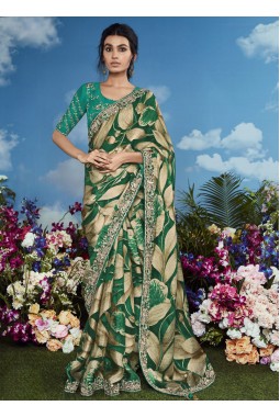 Sea Green Brasso Multi Color Flower Pattern Festival Wear Saree