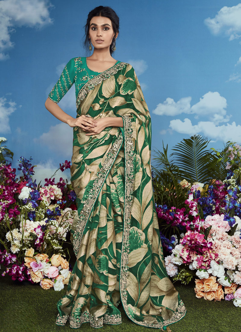 Sea Green Brasso Multi Color Flower Pattern Festival Wear Saree