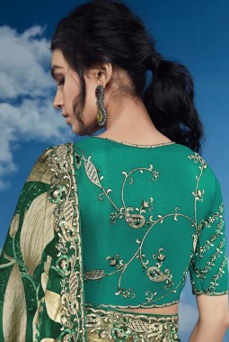 Sea Green Brasso Multi Color Flower Pattern Festival Wear Saree