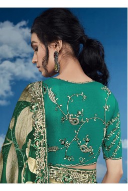 Sea Green Brasso Multi Color Flower Pattern Festival Wear Saree