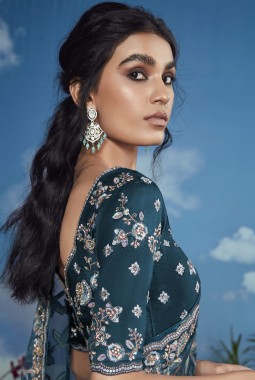 Navy Blue Brasso Heavy Embroidered Festival Wear Saree