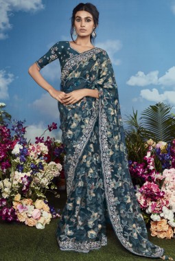 Navy Blue Brasso Heavy Embroidered Festival Wear Saree