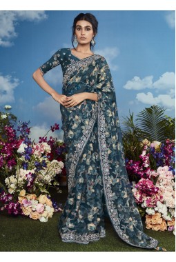 Navy Blue Brasso Heavy Embroidered Festival Wear Saree