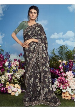 Charcoal Black Brasso Heavy Embroidered Festival Wear Saree