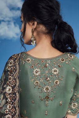 Charcoal Black Brasso Heavy Embroidered Festival Wear Saree