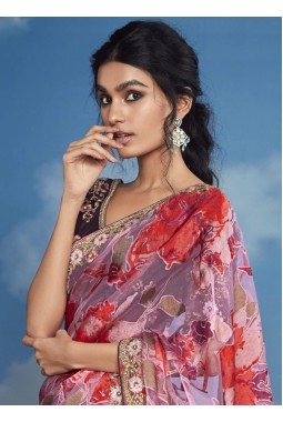 Pink Brasso Multi Color Flower Pattern Festival Wear Saree